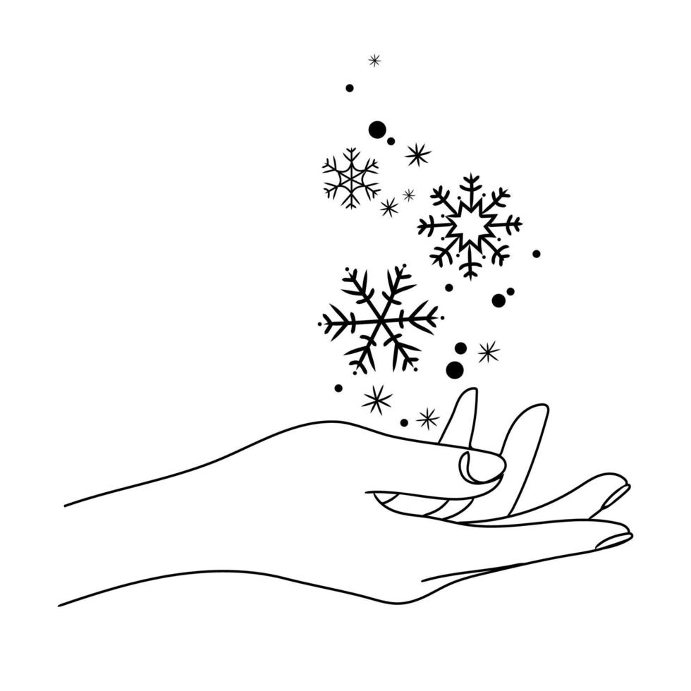 mano femenina con copos de nieve voladores dibujo lineal de arte mínimo ilustración vectorial.mano sektch en blanco y negro con nieve.tarjeta de felices fiestas.elemento de diseño para decoración de invierno,impresión,emblema,afiche. vector