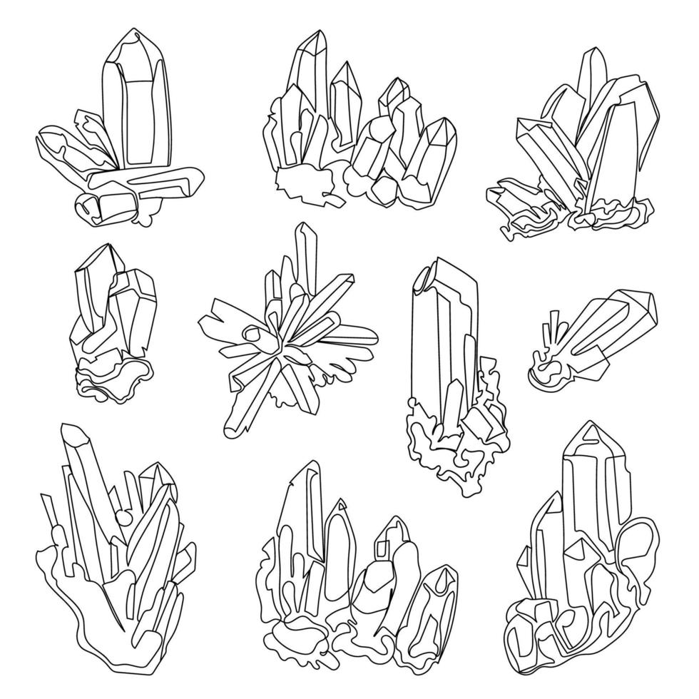 Set of various linear crystals, gemstones, natural uncut minerals, rhinestones, birthstones vector illustration.Hand drawn minerals outline drawing collection isolated on white background