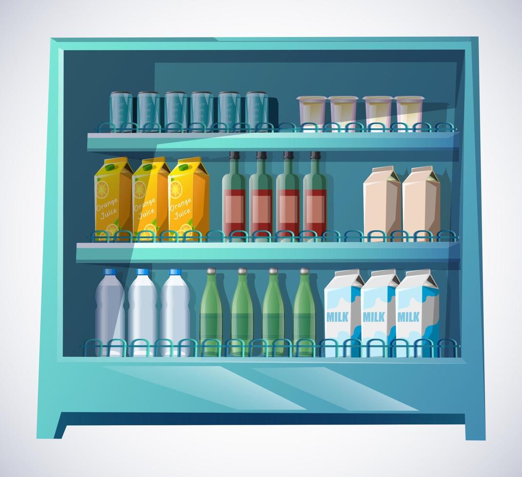 Vector cartoon style supermarket shelves with food and drinks.