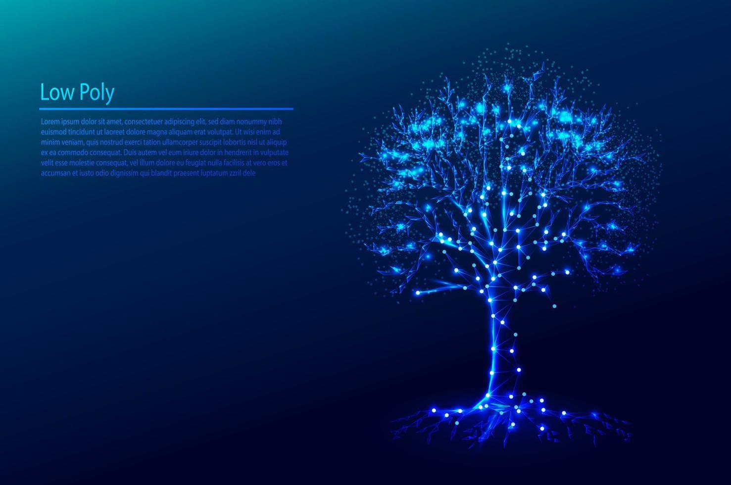Polygonal tree on dark blue tech background, triangles and particle style design. vector