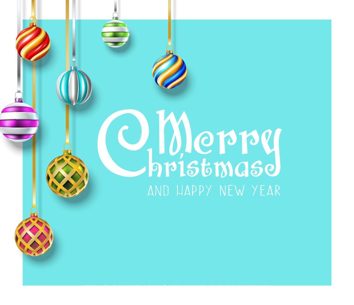 Vector realistic Christmas and New Year background, banner, flyer, greeting card, postcard. Square orientation. Colorful hanging balls