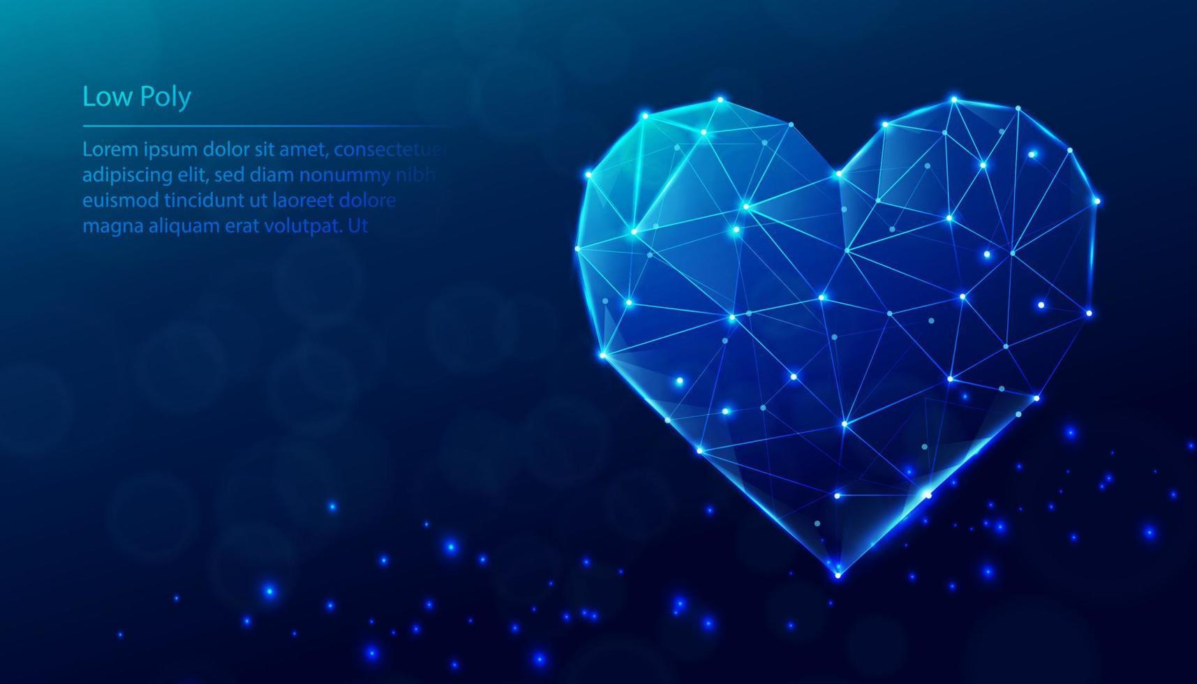 Vector tech low poly blue background. Low poly heart shape.