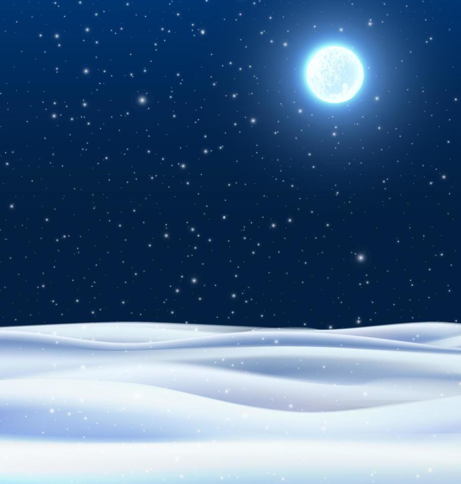 Vector realistic night winter background with snow fields and blue sky with moon glowing.