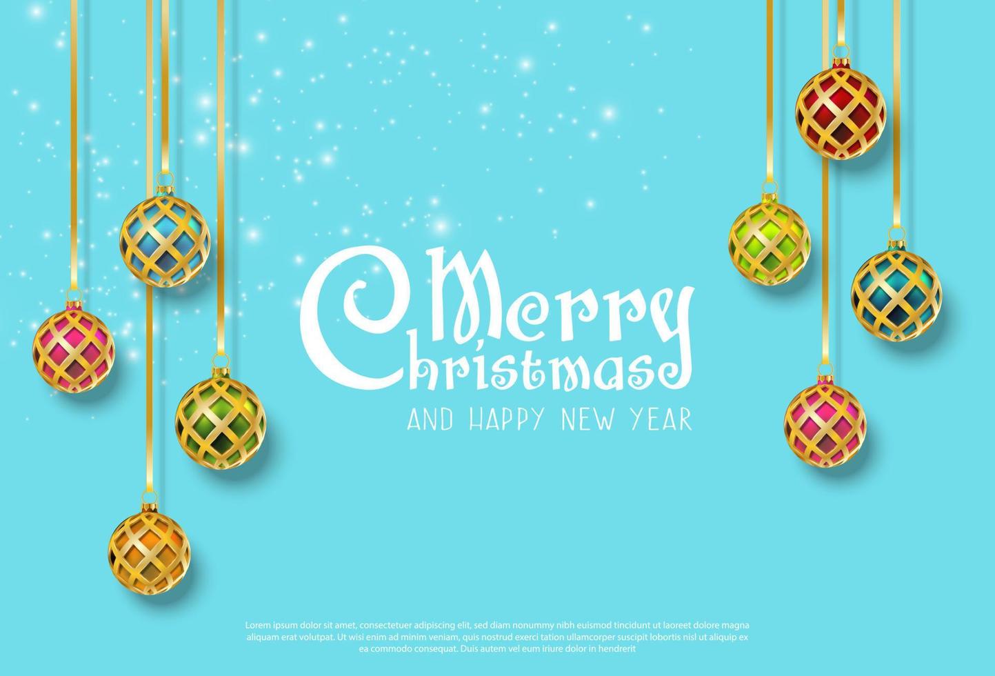 Vector realistic Christmas and New Year background, banner, flyer, greeting card, postcard. Horizontal orientation. Colorful hanging balls with sparkles on blue.