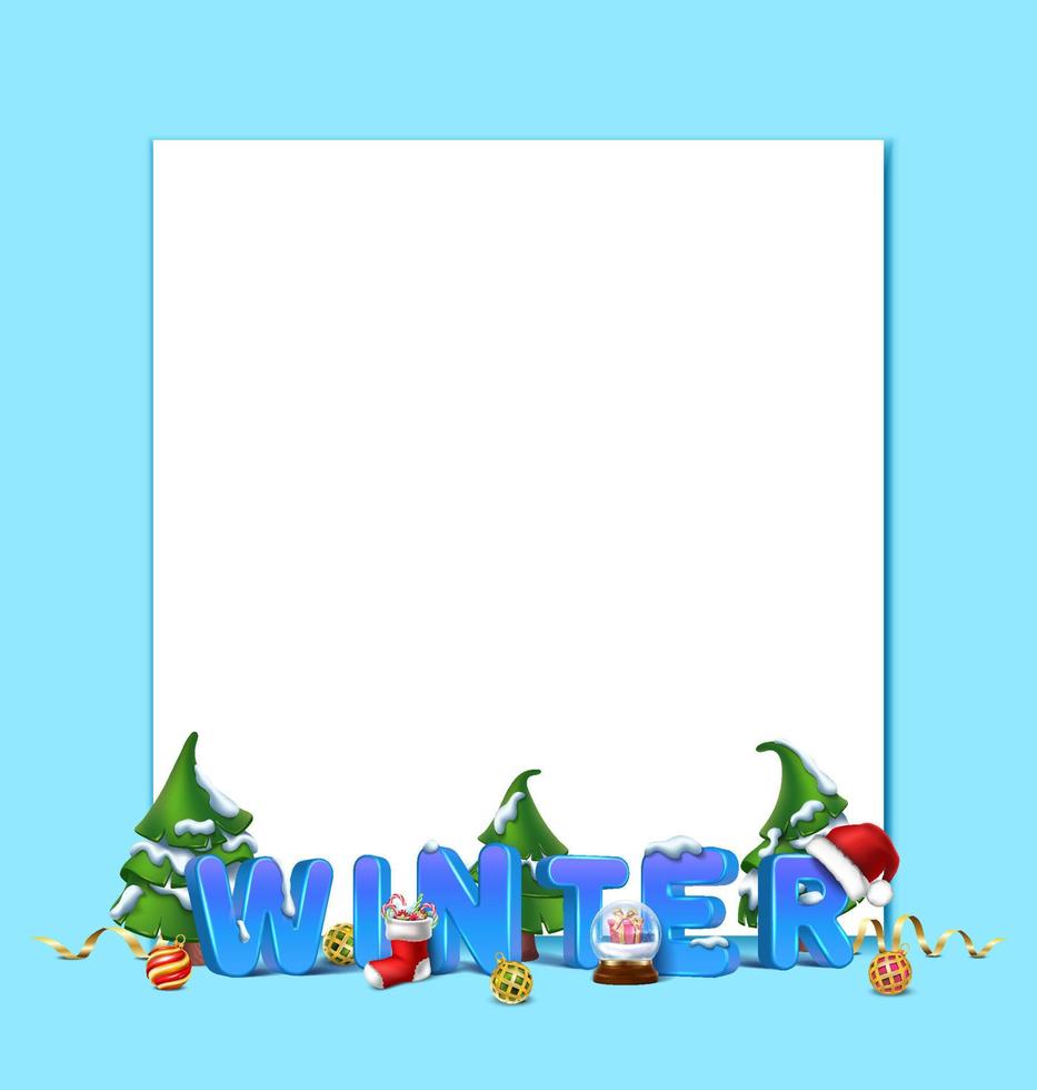 vector realista navidad y año nuevo fondo, pancarta, volante, tarjeta de felicitación, postal. orientación horizontal. Letras 3d invierno con nieve y árboles y espacio de copia.