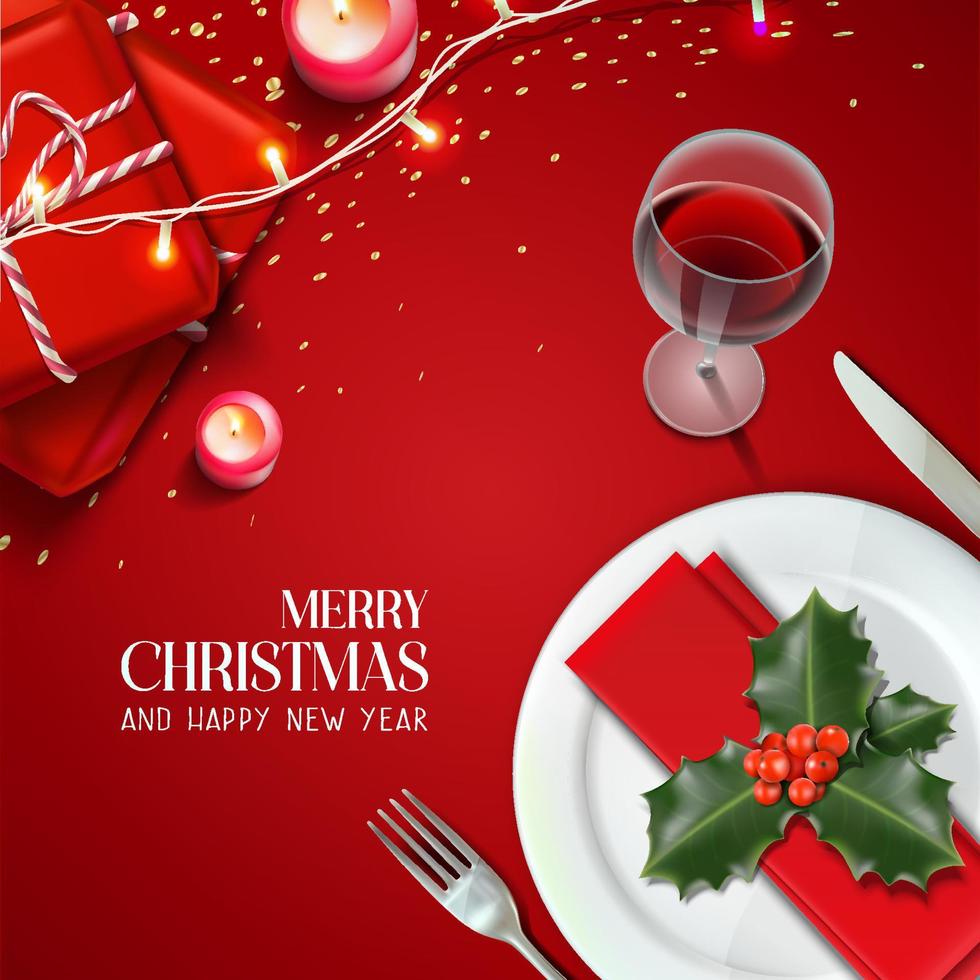 Vector realistic Christmas and New Year background, banner, flyer, greeting card, postcard. Square orientation. Red background table with plates, dinner set with gifts.