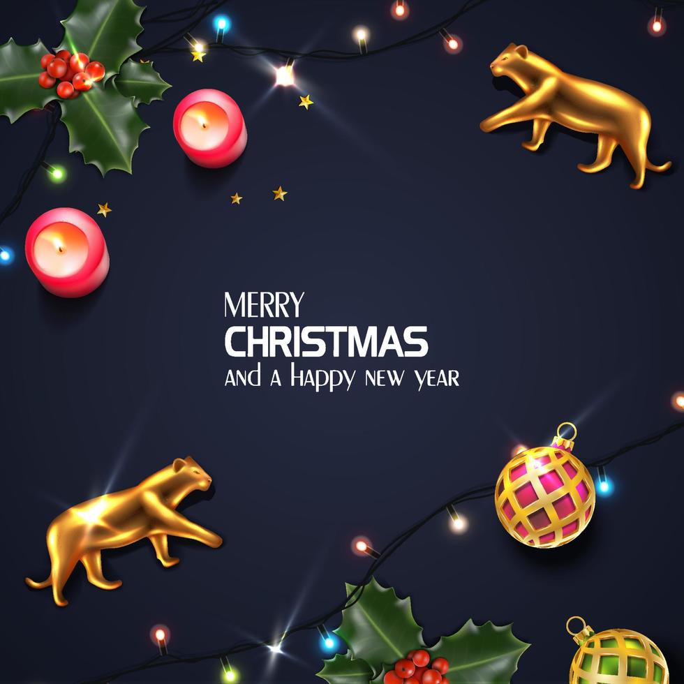 Vector realistic Christmas and New Year background, banner, flyer, greeting card, postcard. Square orientation. Black background with golden tigers and mistletoe and lights.
