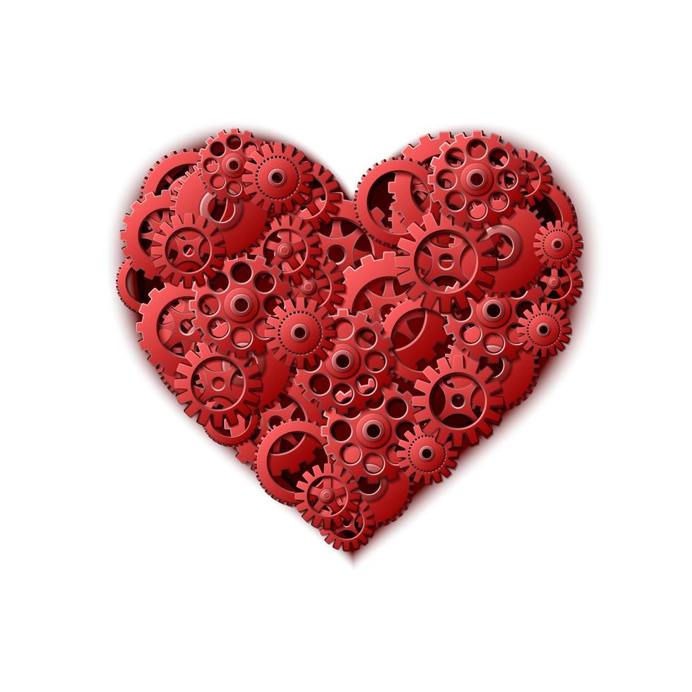 3d realistic vector red heart made of gears. Isolated on white background.
