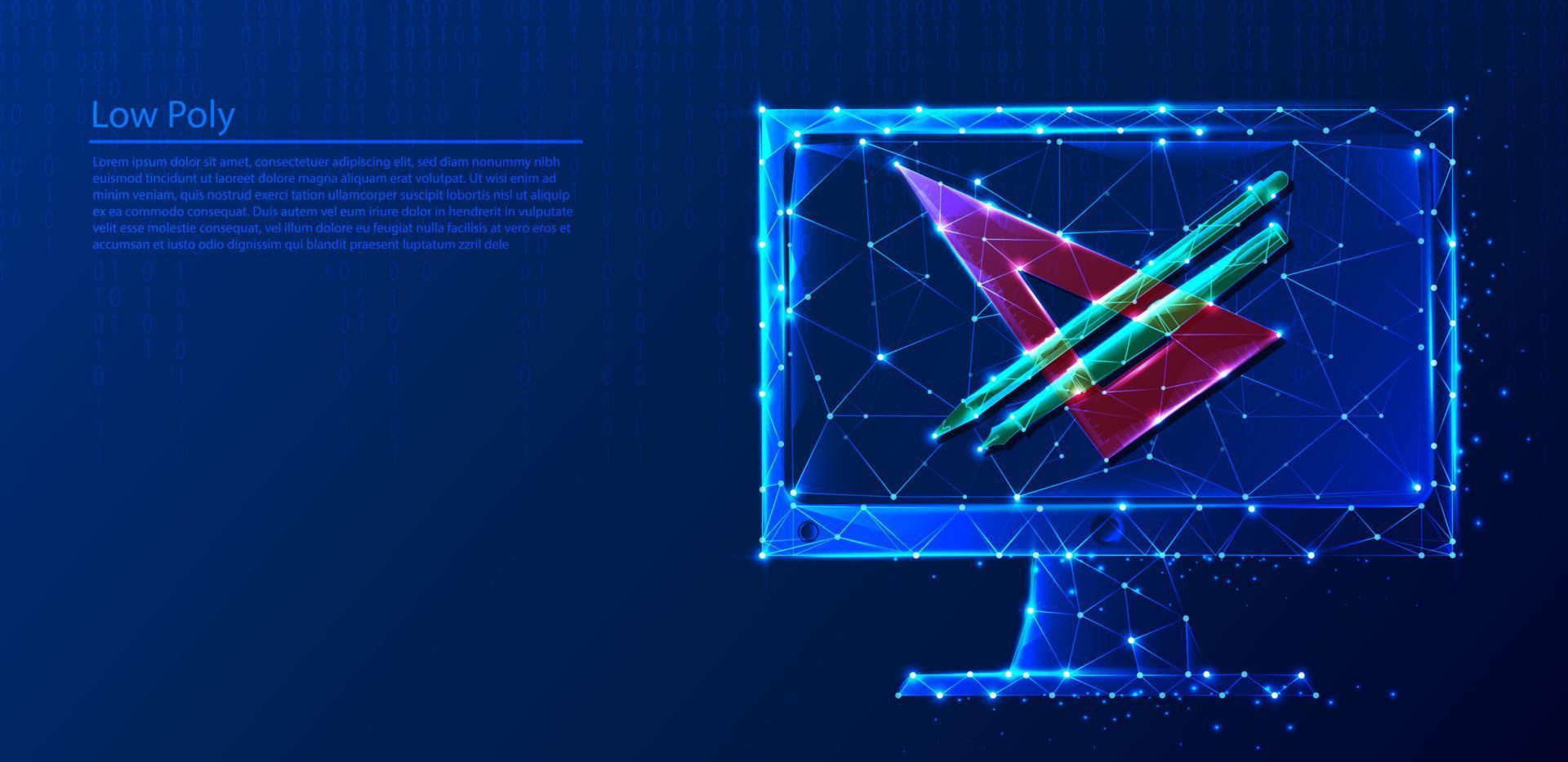 Polygonal computer with centimeter and pen with pencil on dark blue tech background, triangles and particle style design. vector