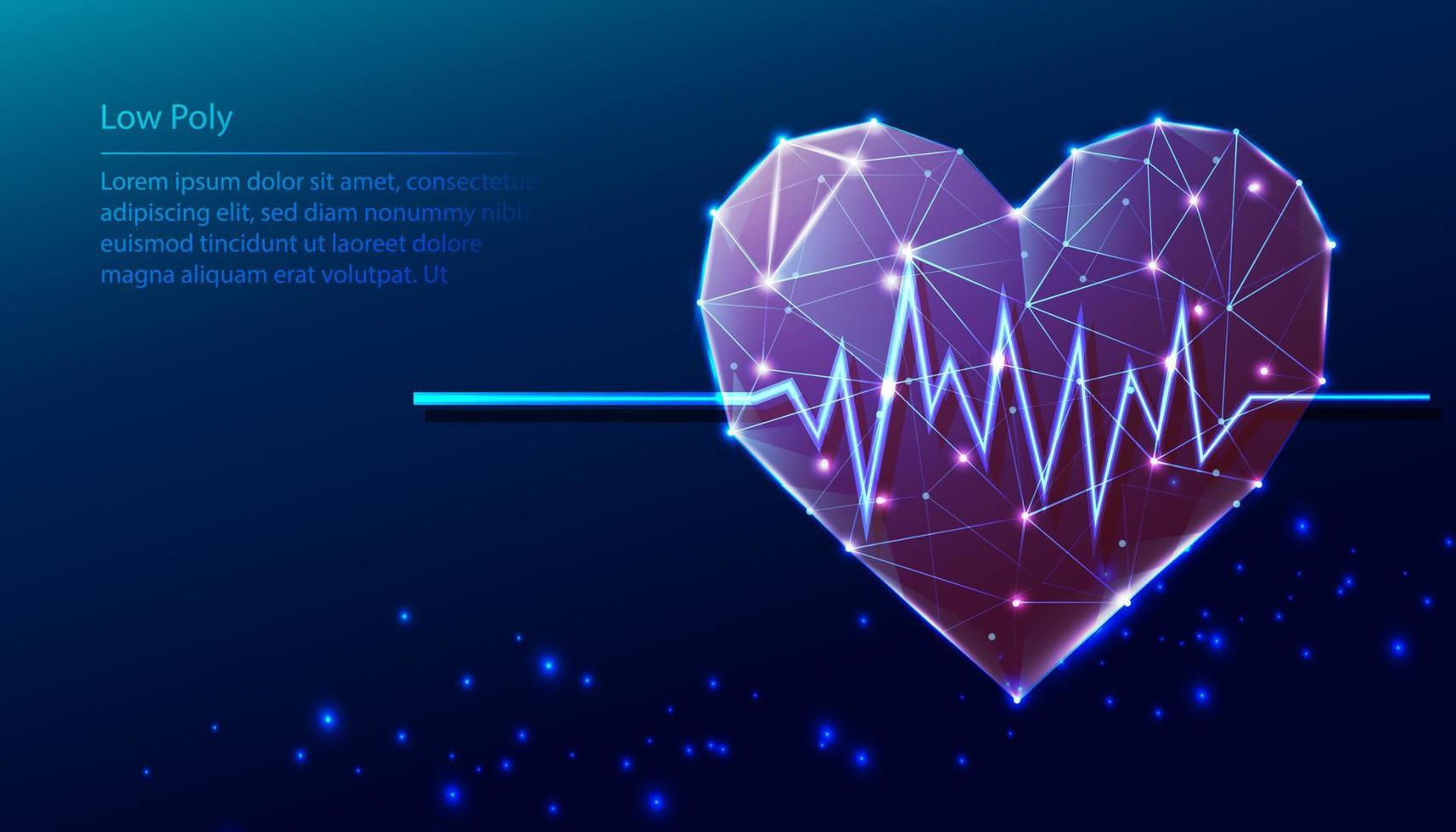 Vector tech low poly blue background. Low poly heart shape with heart beat diagramma.