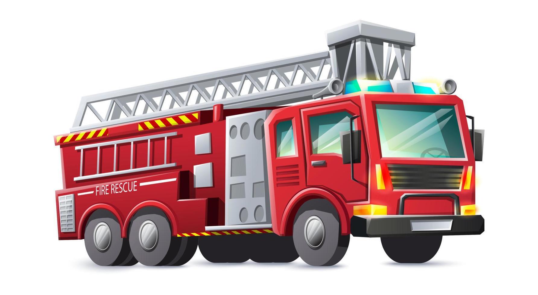 Vector cartoon style fire rescues red truck, isolated on white background.