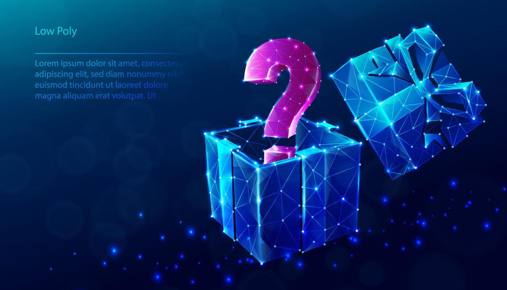 Vector tech low poly blue background. Low poly question sign coming out of the gift box.