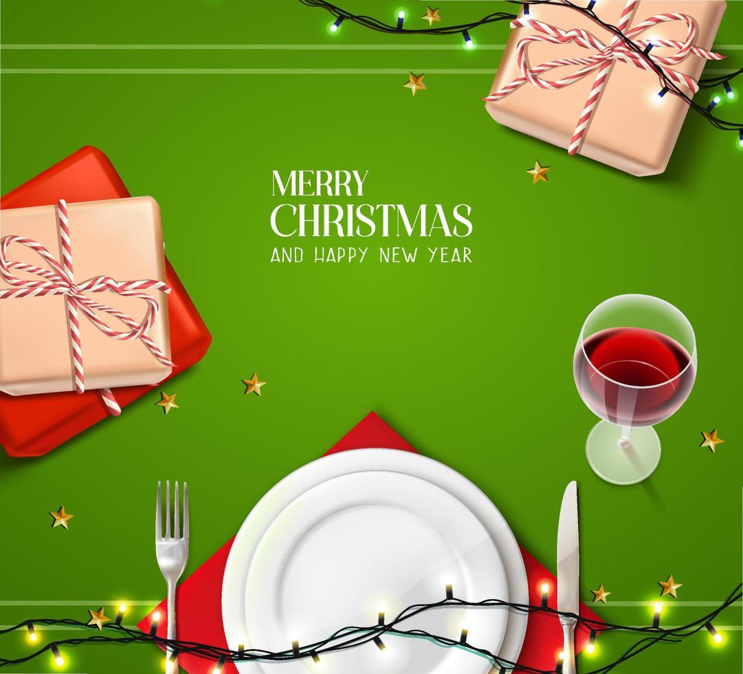 Vector realistic Christmas and New Year background, banner, flyer, greeting card, postcard. Horizontal orientation. Celebration table with plates and wine with gifts on top view.