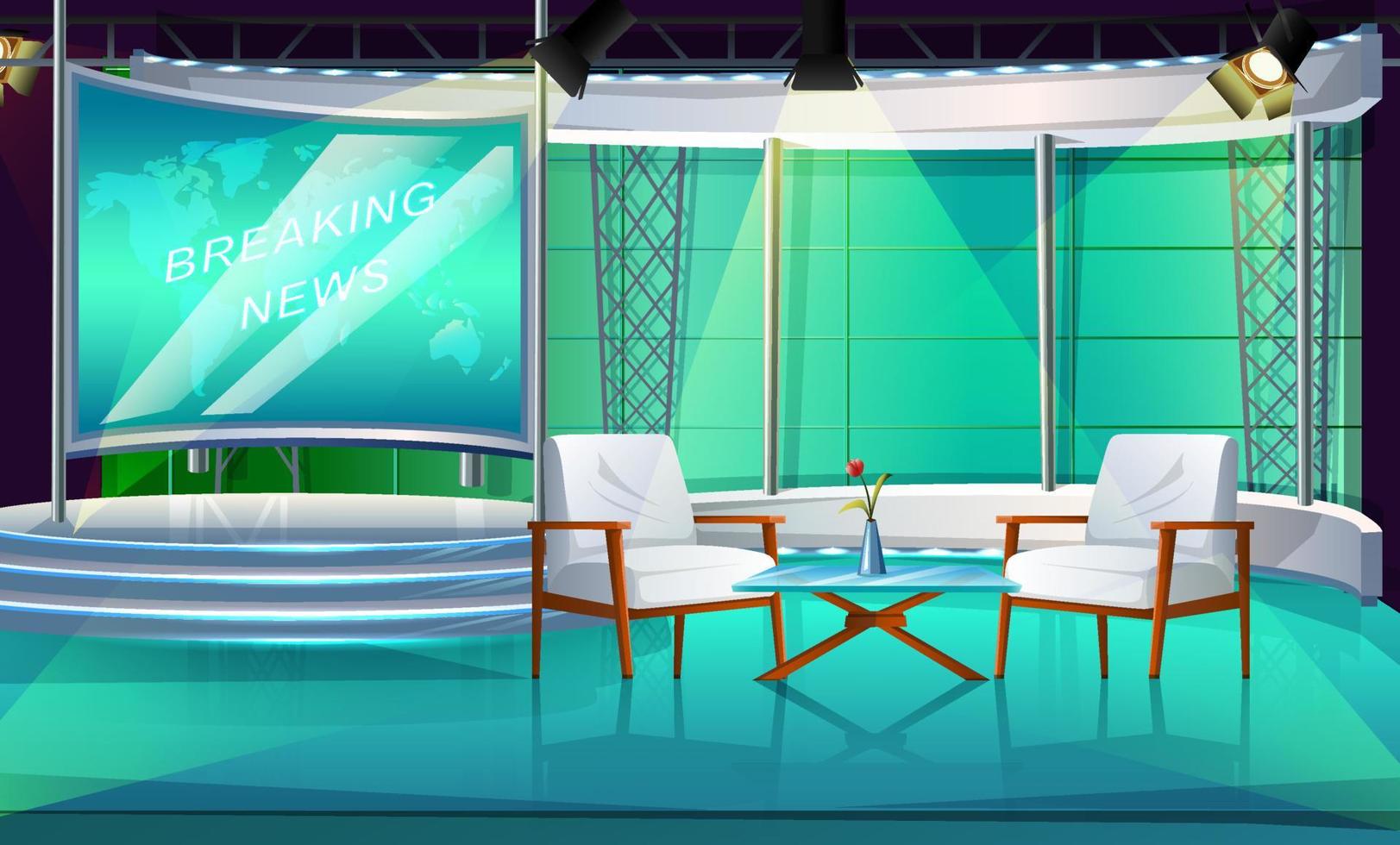 Vector cartoon style TV show studio with two chairs and table, interior stage, with two chair and news screen.