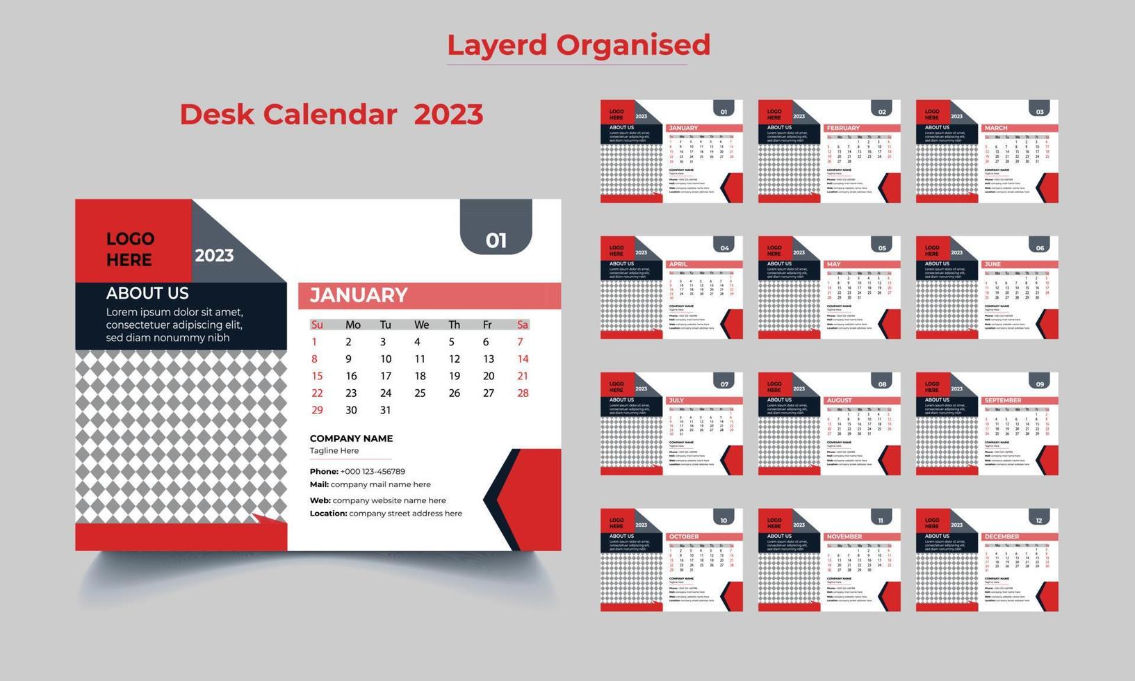 New Year 2023 Desk Calendar Template, Desk Calendar Template, 12 Month Included Desk Calendar,12 Page Company Desk Calendar vector