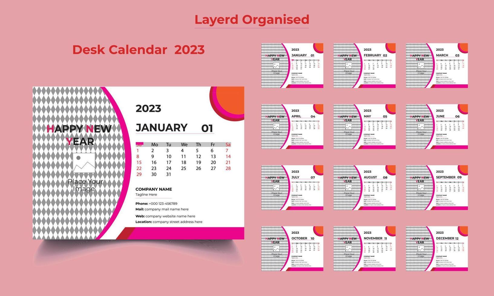 New Year 2023 Desk Calendar Template, Desk Calendar Template, 12 Month Included Desk Calendar,12 Page Company Desk Calendar vector