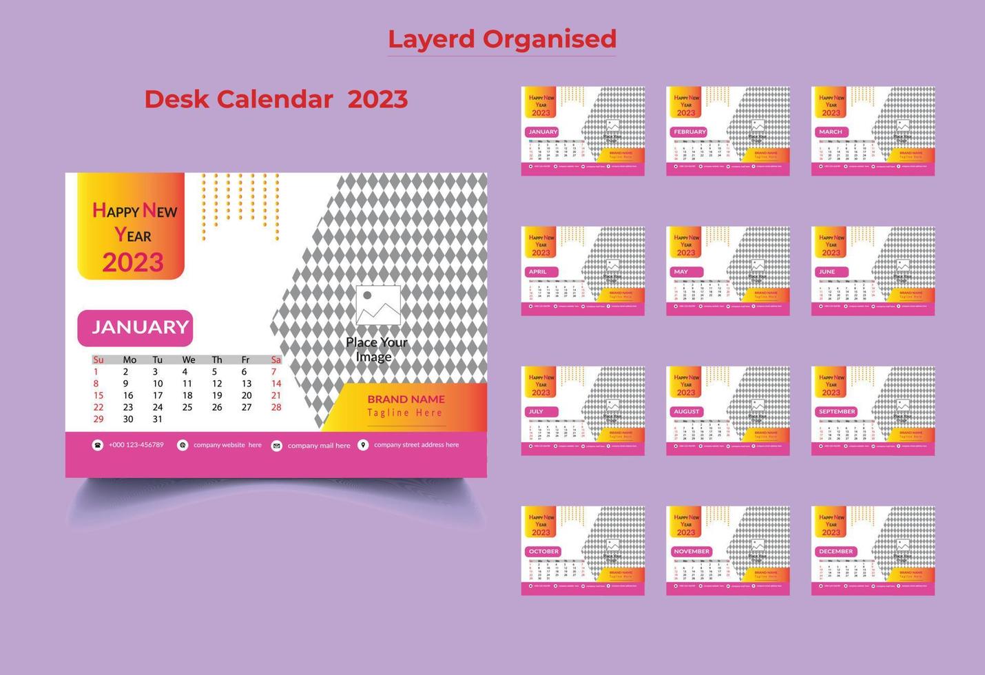 New Year 2023 Desk Calendar Template, Desk Calendar Template, 12 Month Included Desk Calendar,12 Page Company Desk Calendar vector