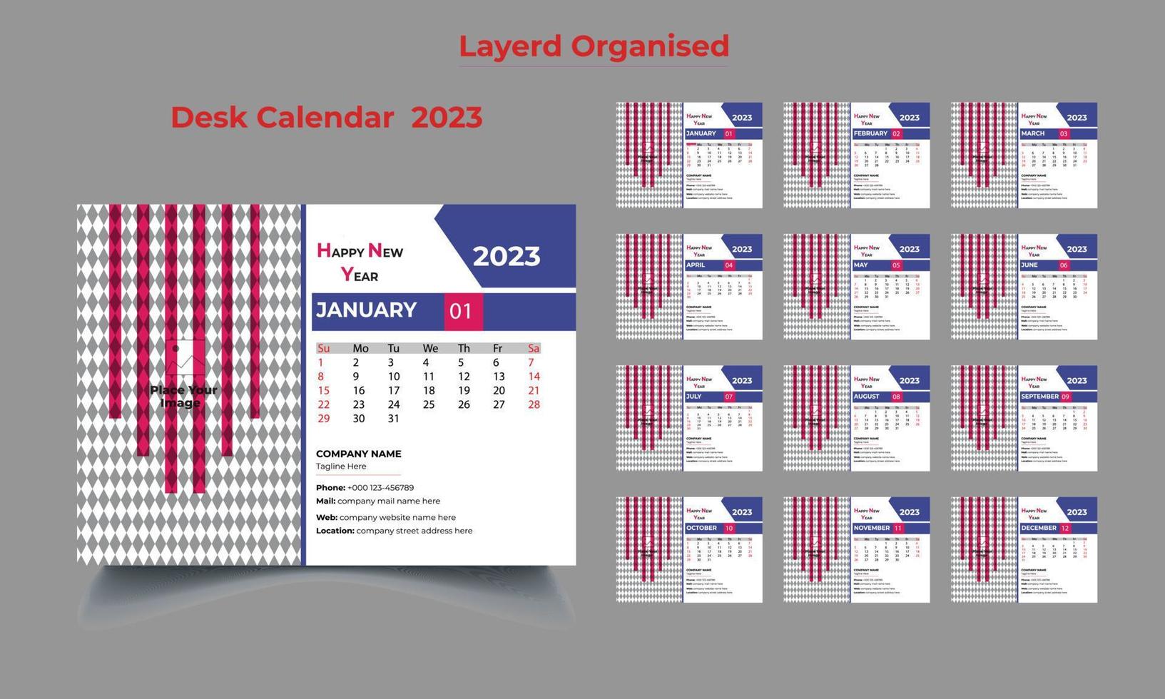 plantilla de calendario de escritorio de año nuevo 2023, plantilla de calendario de escritorio, calendario de escritorio incluido de 12 meses, calendario de escritorio de empresa de 12 páginas vector
