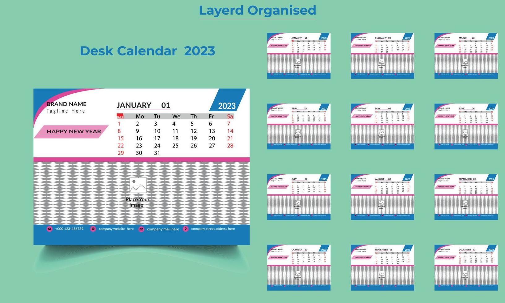 New Year 2023 Desk Calendar Template, Desk Calendar Template, 12 Month Included Desk Calendar,12 Page Company Desk Calendar vector