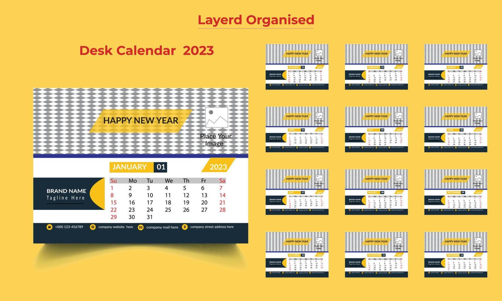 plantilla de calendario de escritorio de año nuevo 2023, plantilla de calendario de escritorio, calendario de escritorio incluido de 12 meses, calendario de escritorio de empresa de 12 páginas vector