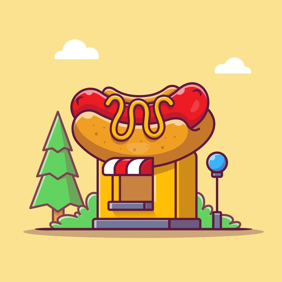 Ilustración de icono de vector de dibujos animados de tienda de perros calientes. concepto de icono de edificio de tienda de alimentos vector premium aislado. estilo de dibujos animados plana