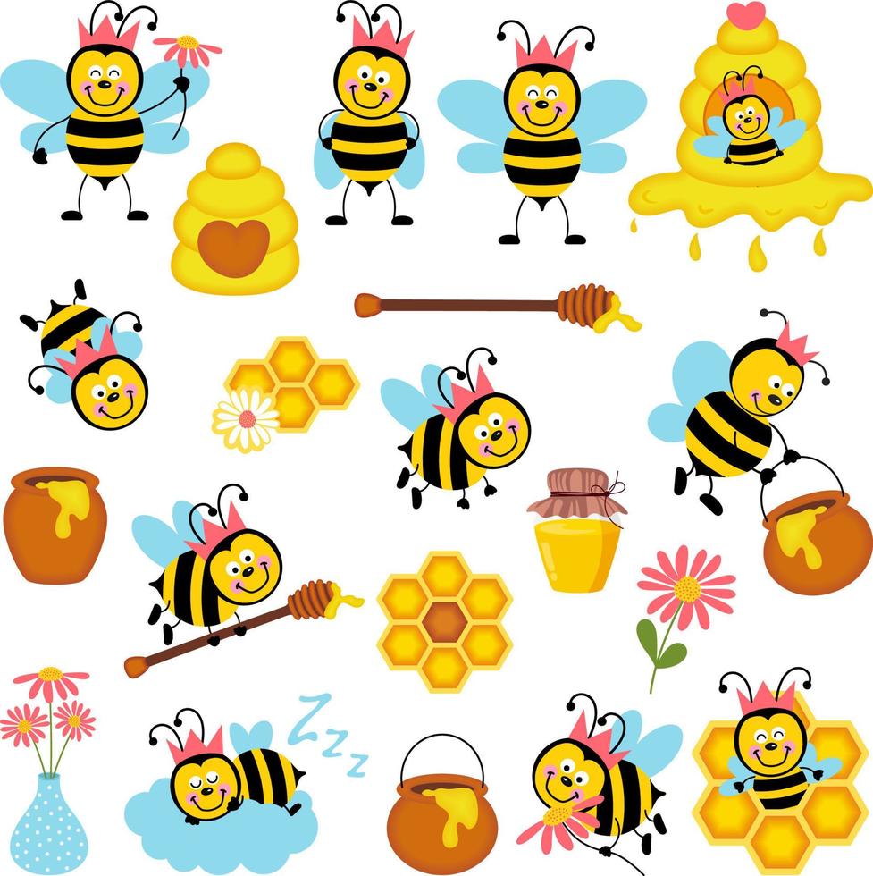 Fun package of cute bee honey with set digital elements.cdr vector