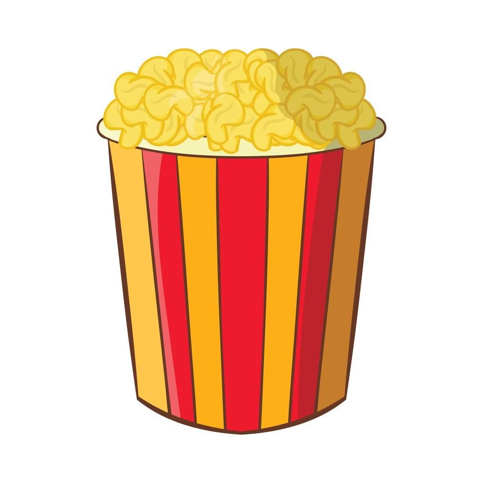 Popcorn in striped bucket icon, cartoon style vector