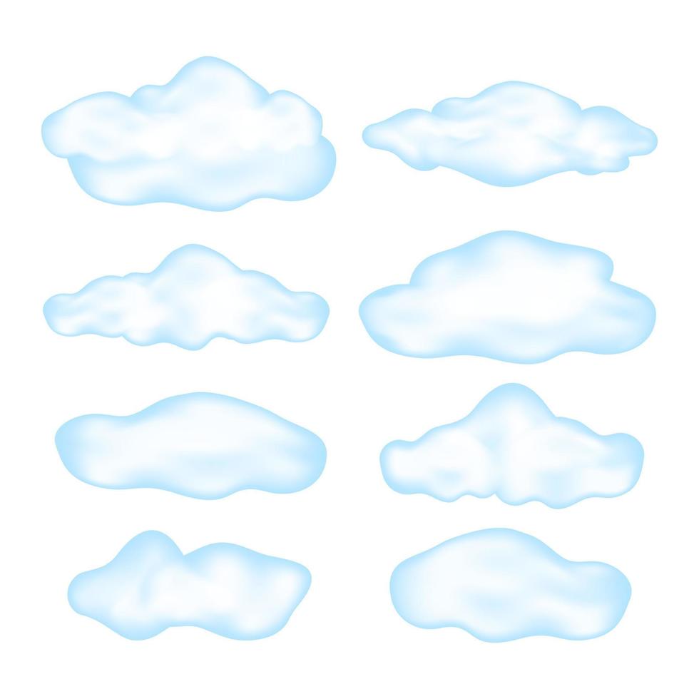 conjunto de nubes azules de dibujos animados aisladas sobre fondo blanco. varias nubes realistas. ilustración vectorial vector