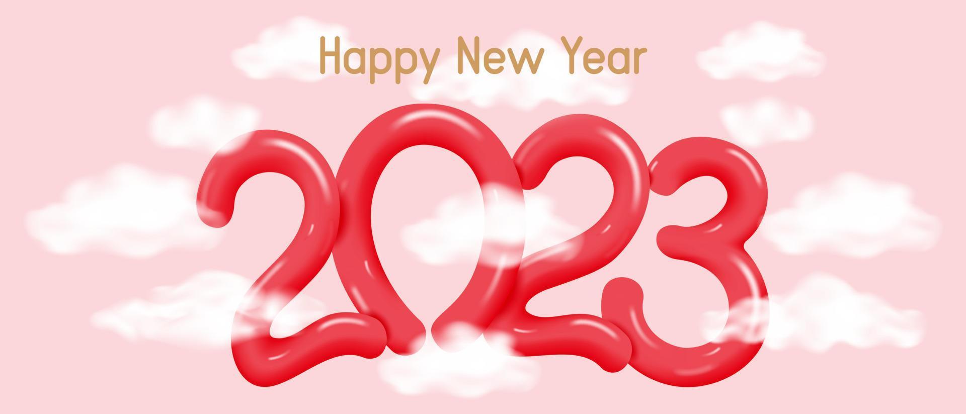 Happy New Year 2023 holiday poster. New Year banner or postcard design. Pink decorative template with numbers 2,0,3. Vector illustration.