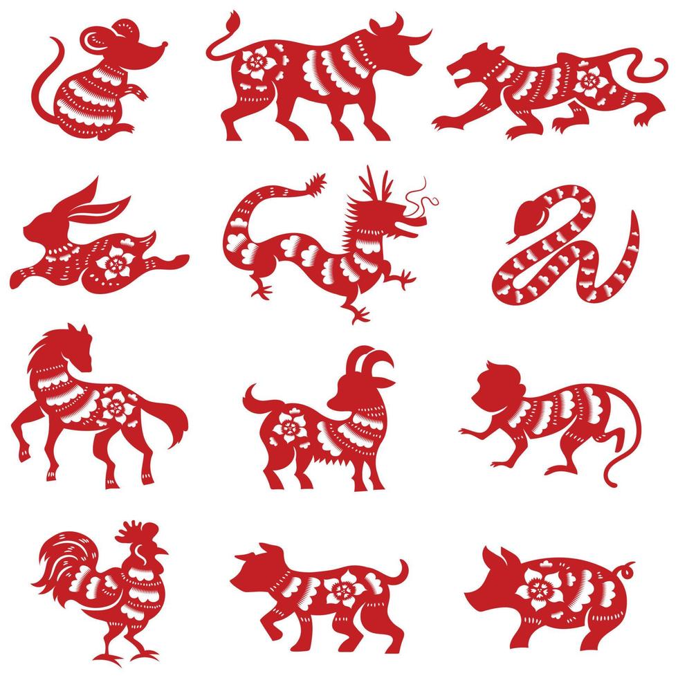 Zodiac collection. Chinese new year symbol. Hieroglyphs calligraphy. Named animals. vector