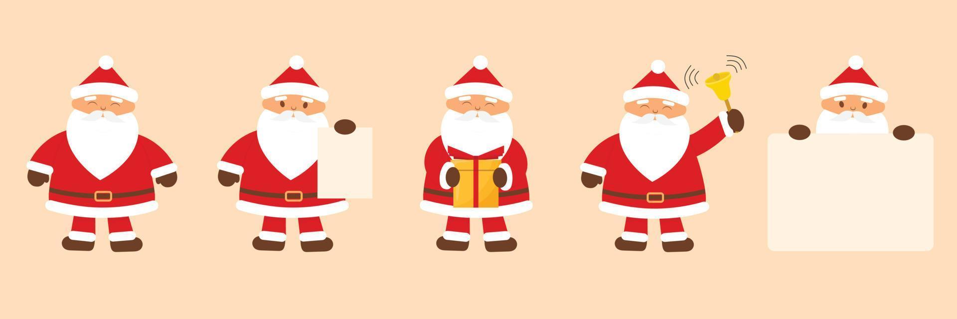 conjunto de muchos santa claus en estilo de dibujos animados. feliz santa claus con regalos, campana y papel. ilustración vectorial vector