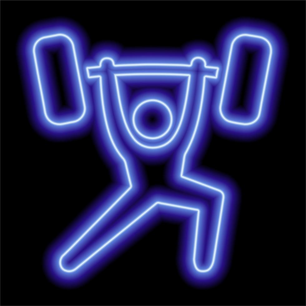 Neon blue contour of a weightlifter lifting a barbell on a black background. vector