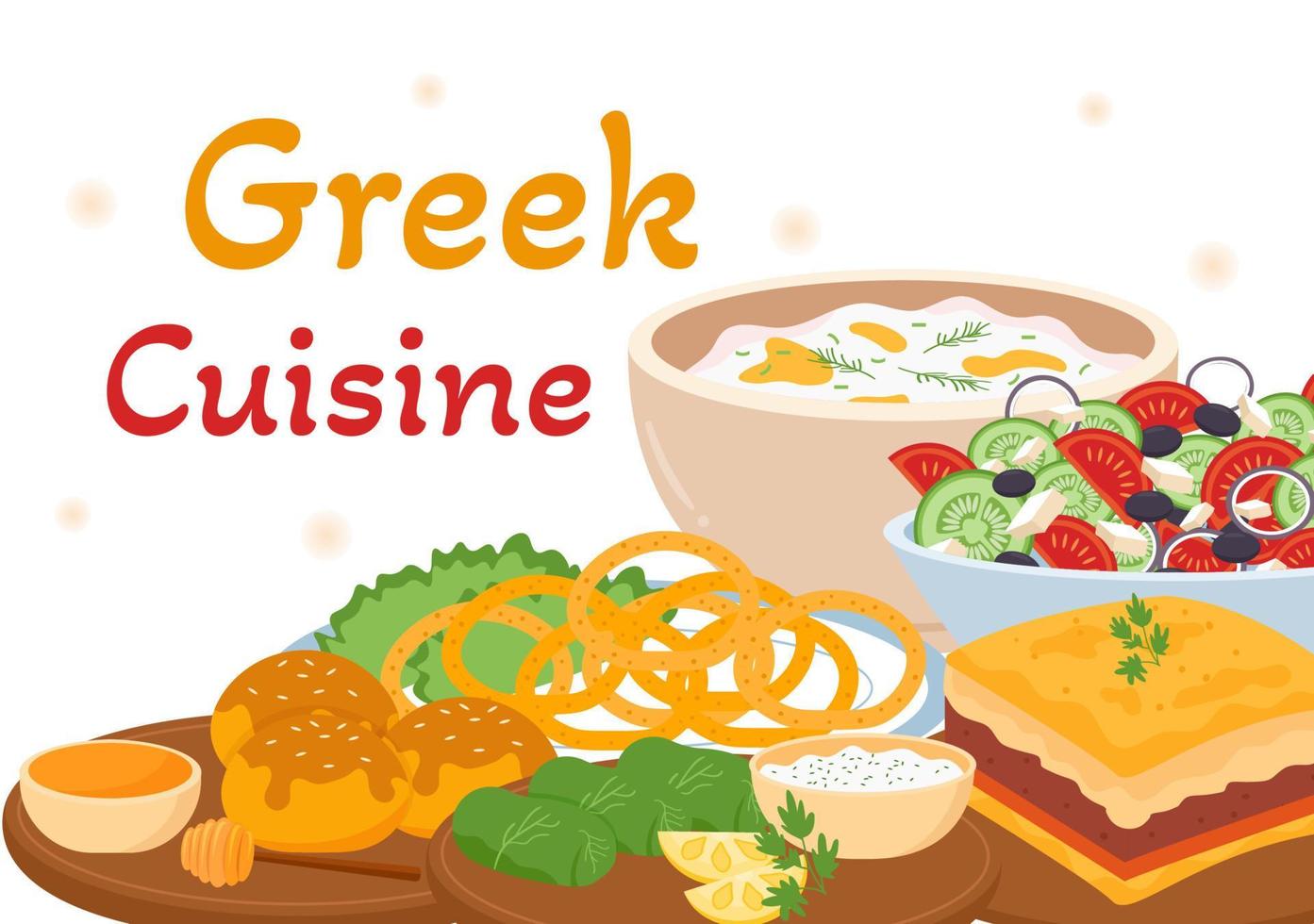 Greek Cuisine Restaurant Set Menu Delicious Dishes Traditional or National Food in Flat Cartoon Hand Drawn Template Illustration vector