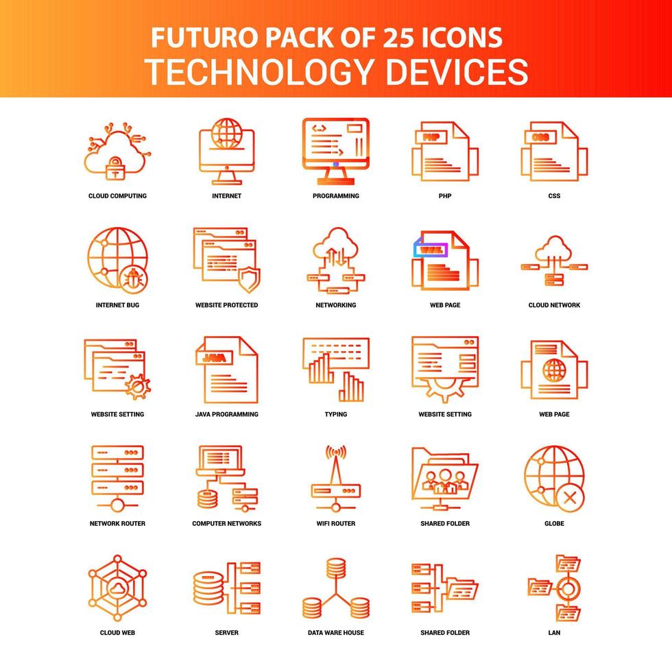 conjunto de iconos de dispositivo de tecnología naranja futuro 25 vector