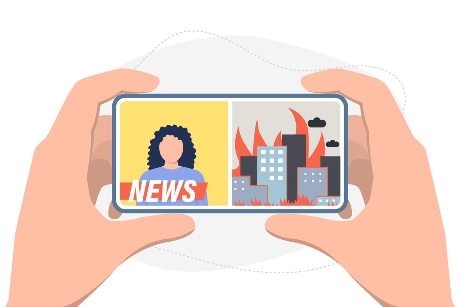 Breaking news. Reporter reports on a fire in the city. vector