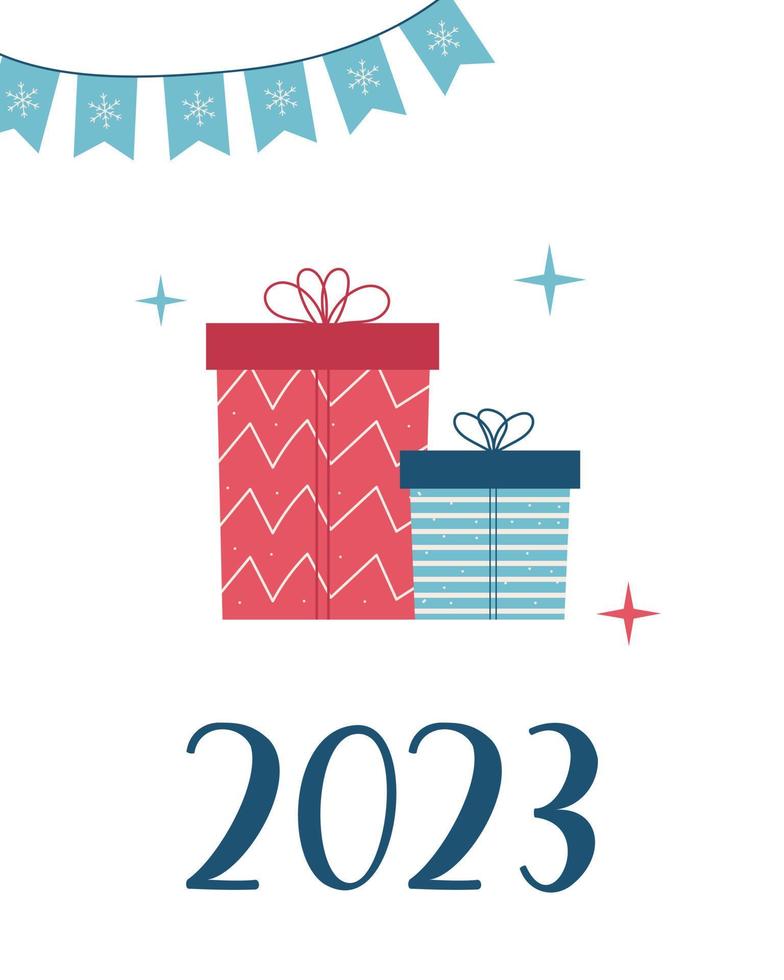 Winter hugge xmas background with gifts, trees, christmas hugge elements, editable vector illustration for christmas invitation, postcard and website banner, greeting cards with xmas decoration
