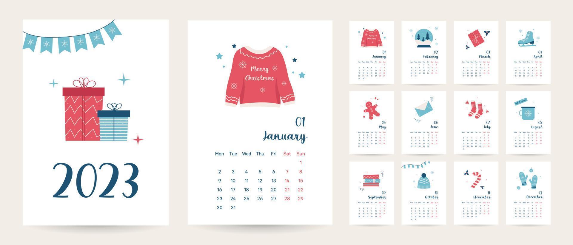 Monthly christmas hugge calendar 2023 template in trendy style, cover concept, set of 12 pages desk calendar, 2023 minimal calendar planner design for printing template vector