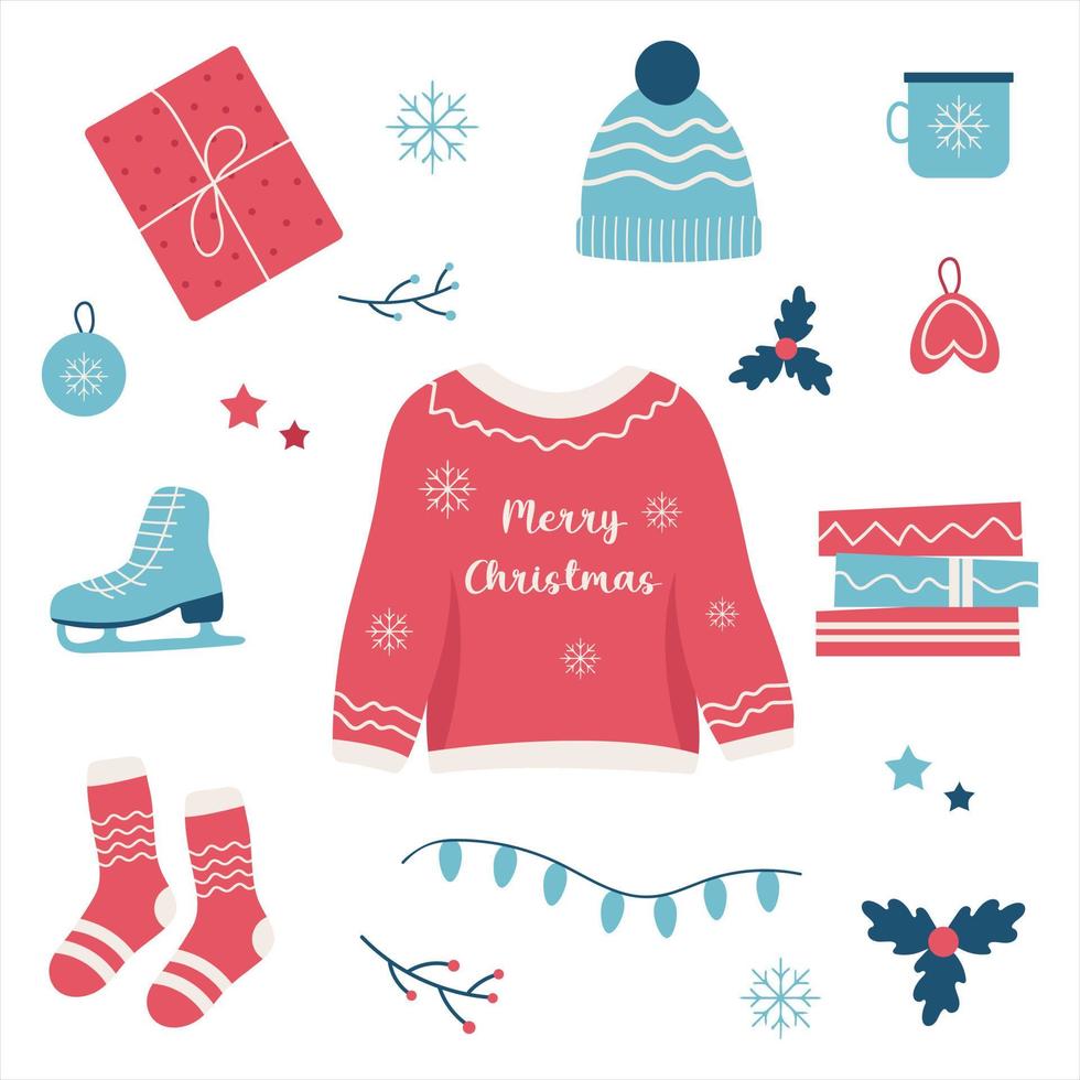 Hygge christmas set, winter holiday decor, gifts, clothing, socks, xmas home symbols, cartoon vector set, christmas hygge, doodle cozy things., vector illustration in flat style