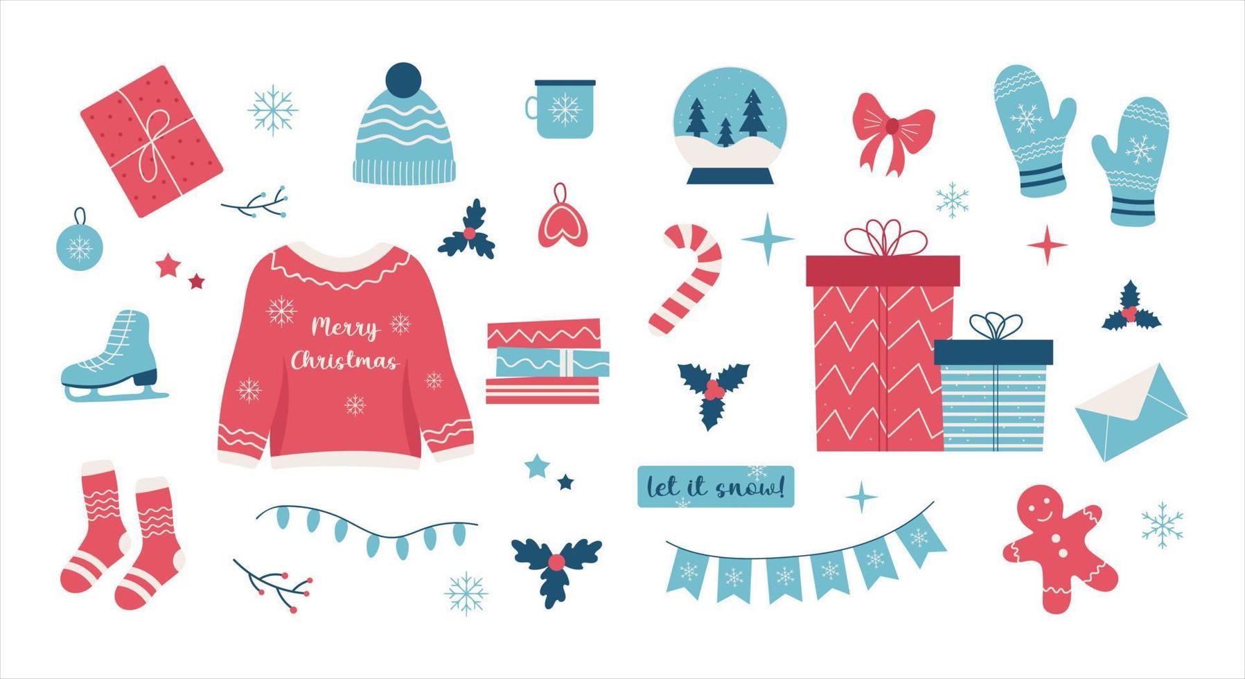 Hygge christmas set, winter holiday decor, gifts, clothing, socks, xmas home symbols, cartoon vector set, christmas hygge, doodle cozy things., vector illustration in flat style