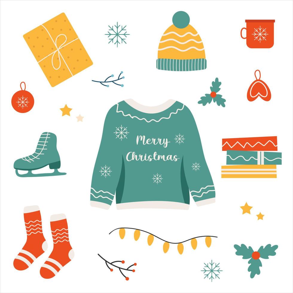 Hygge christmas set, winter holiday decor, gifts, clothing, socks, xmas home symbols, cartoon vector set, christmas hygge, doodle cozy things., vector illustration in flat style