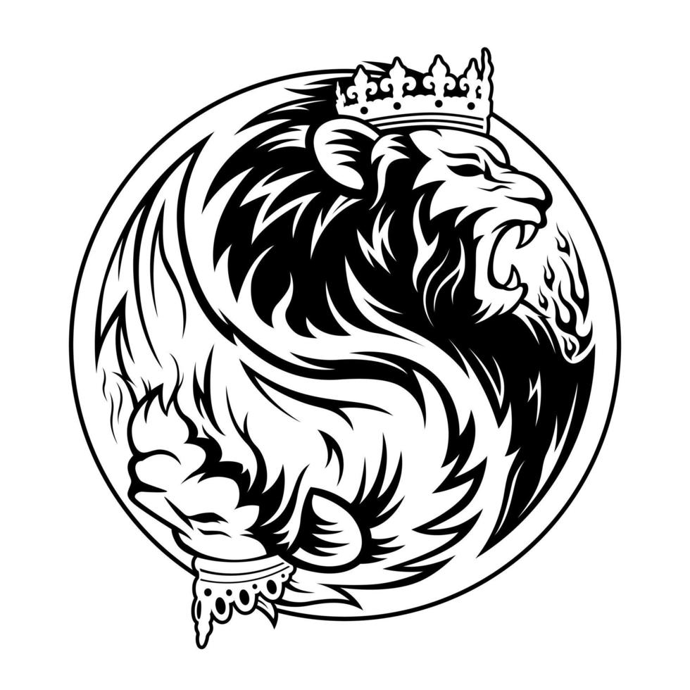 yin yang símbolo cabeza rey y reina leones negro blanco vector