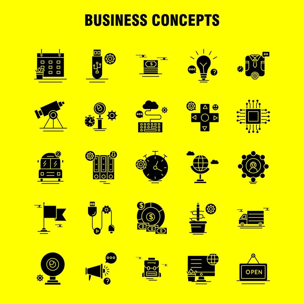 Business Concepts Solid Glyph Icons Set For Infographics Mobile UXUI Kit And Print Design Include Clipboard Setting Gear Pencil Monitor Internet Setting Dollar Collection Modern Infographi vector