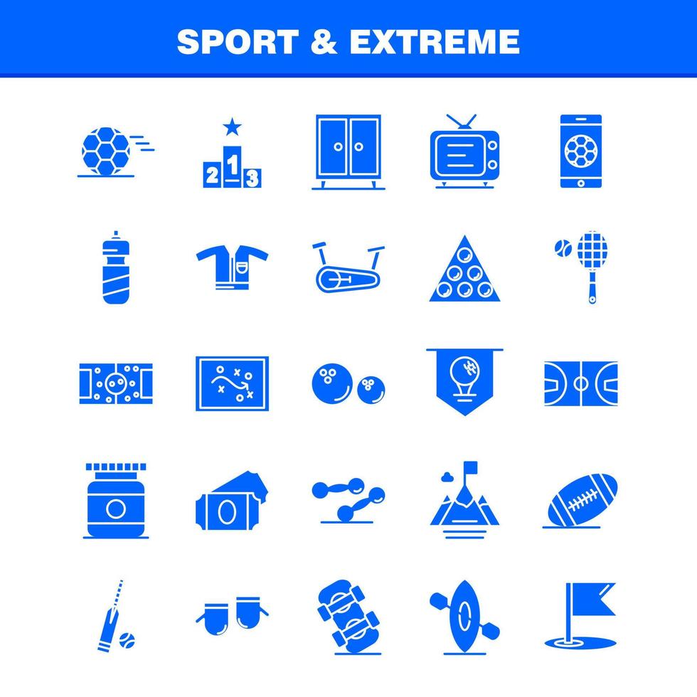 iconos deportivos y de glifos sólidos extremos establecidos para infografías kit uxui móvil y diseño de impresión incluyen juego de pelota de fútbol deporte juego móvil juego en línea conjunto de iconos vector