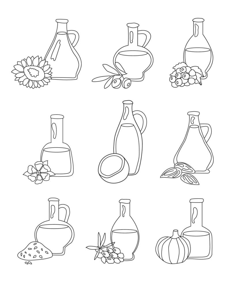 Vector set of seed oils isolated on white. Illustration in doodle style. Sunflower, olives, grapes, coconut, pumpkin, flax, almond oil in glass jar. Flowers and seeds