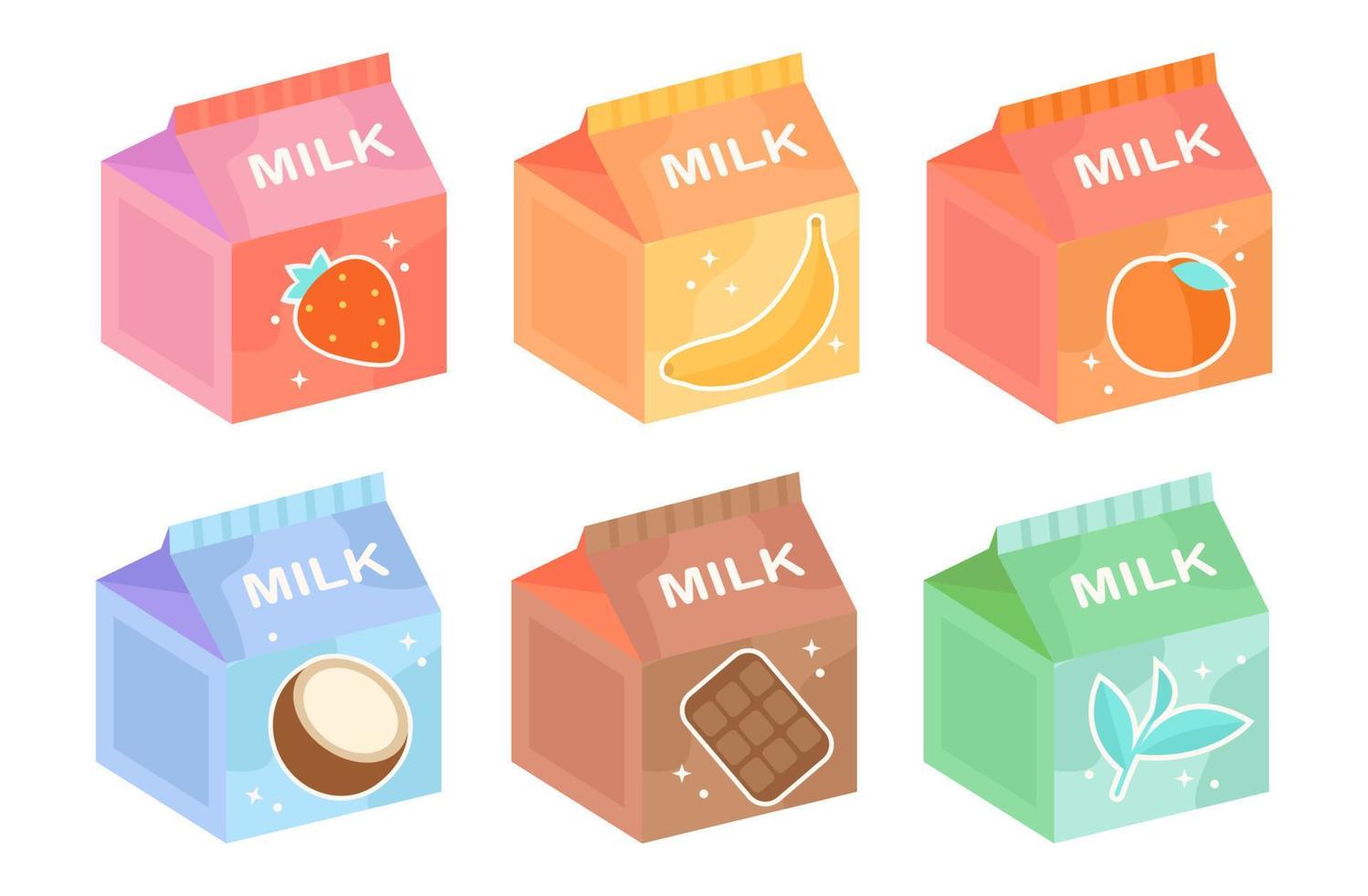 un conjunto de lindos paquetes de leche coreana con diferentes sabores en un fondo aislado vector