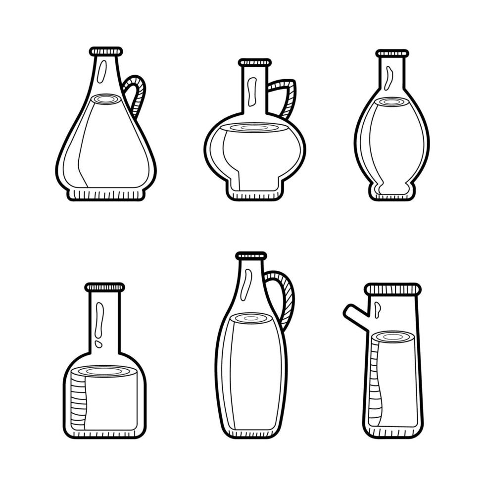 un conjunto de diferentes botellas de aceite en un fondo aislado en estilo boceto vector