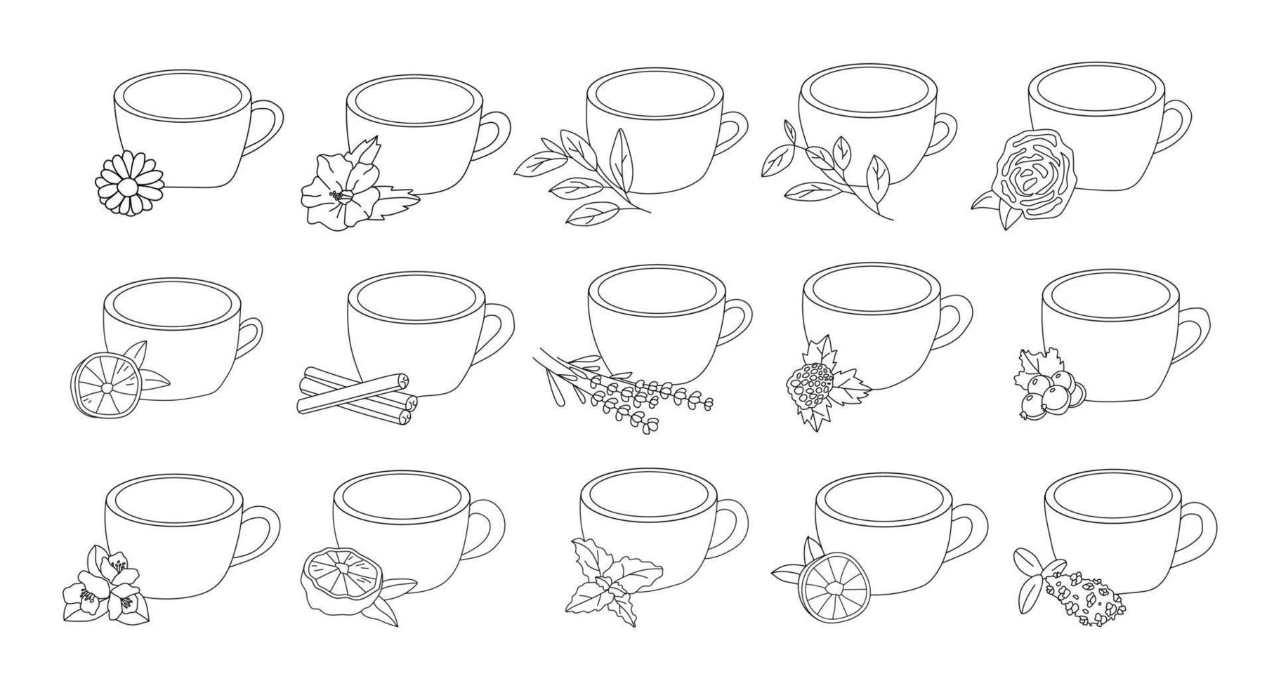 a set of cups of tea with different flavors in the doodle style on an isolated background vector