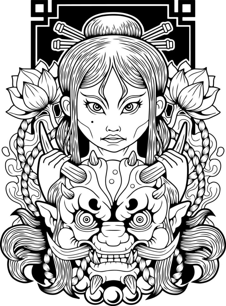 chica asiática y demonio oni, diseño de ilustración de contorno vector