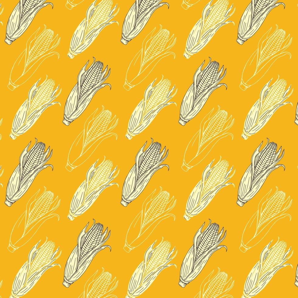 Sketch corn. Harvesting cereals, hand drawn cobs and seeds vector pattern