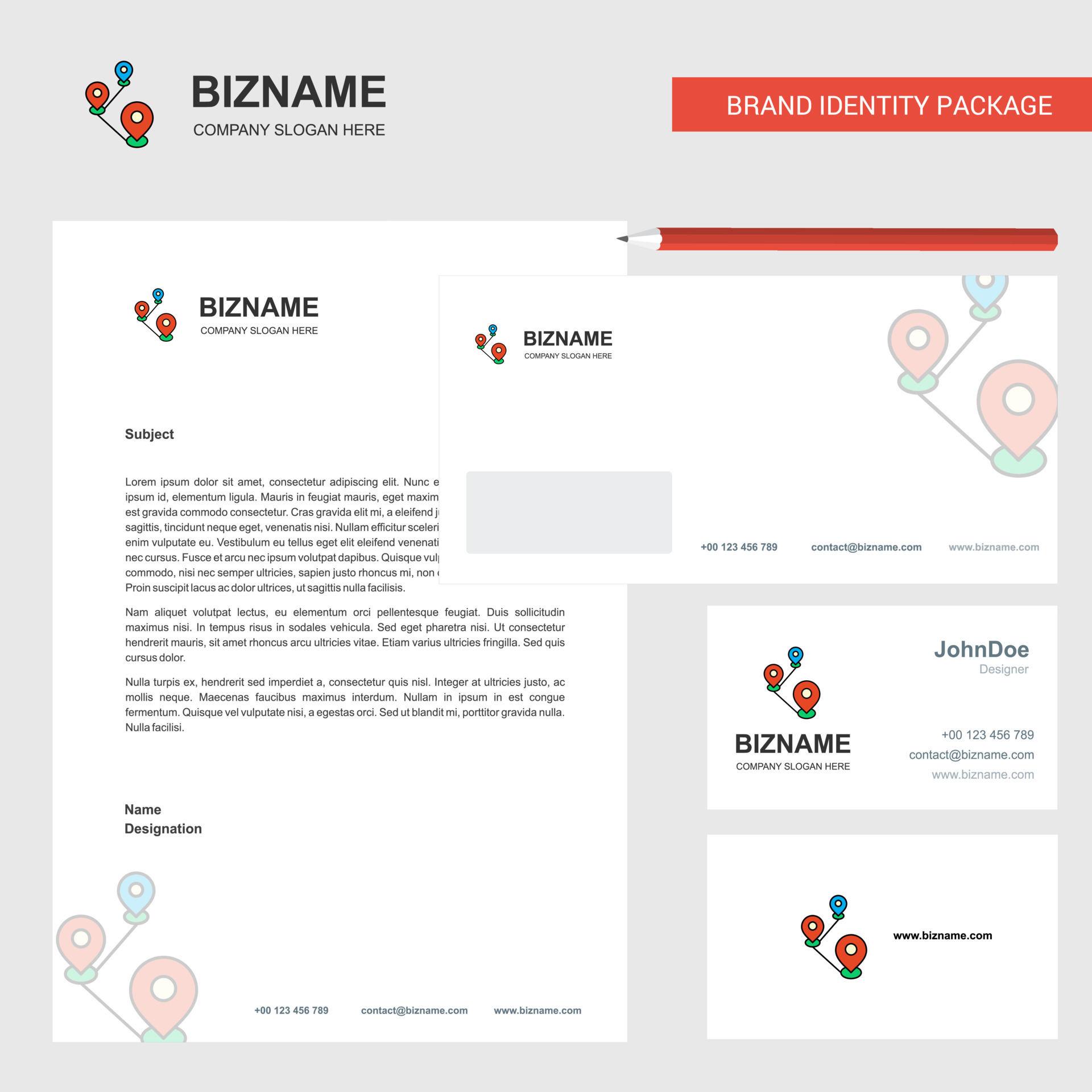 Map route Business Letterhead Envelope and visiting Card Design vector